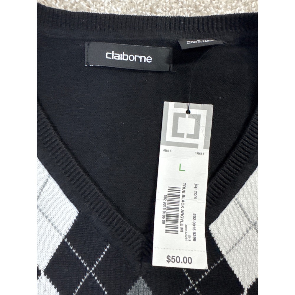 Claiborne Mens Argyle V-Neck Sweater Black Grey White Cotton Blend Pullover L - Picture 2 of 5